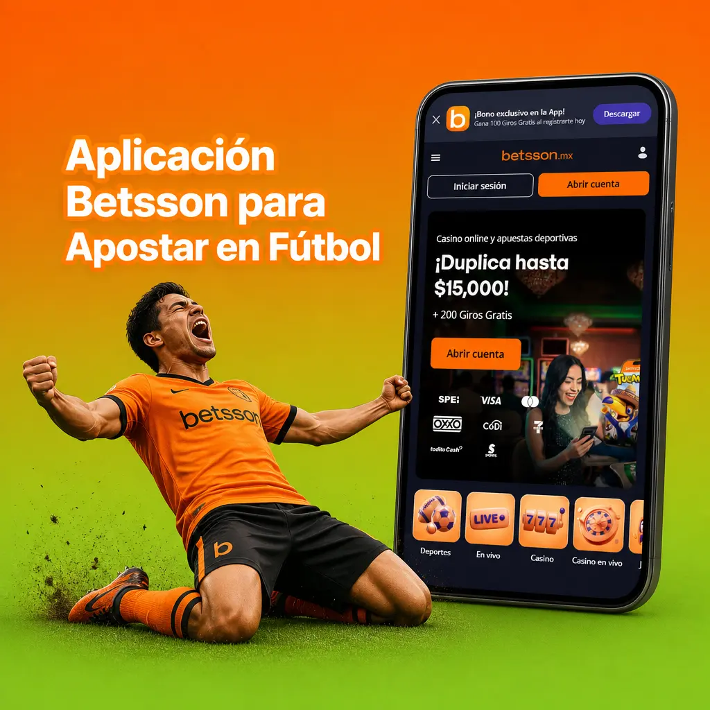 Aplicación móvil de Betsson para apostar en fútbol con cuotas en vivo, disponible en Android e iOS.